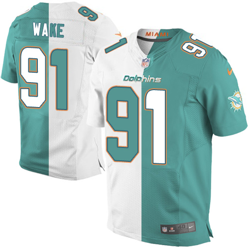 Men's Elite Cameron Wake Nike Jersey Aqua Green/White - #91 Split Fashion NFL Miami Dolphins